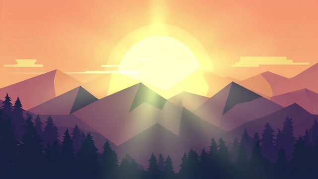 Geometric Mountain Landscape at Sunset with Pine Trees mountains sunrise