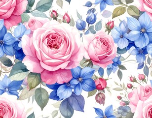 A seamless floral pattern features pink roses and blue blossoms with leafy accents against a white background, creating a delicate and romantic design