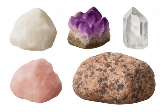 Various natural crystals and rough stones like quartz, amethyst, rose quartz, and granite, on a transparent background