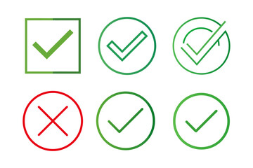 Check Marks and Cross Icons for Approval and Disapproval Simple Green and Red Vector Graphics