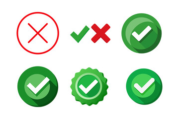 Green Check Mark and Red Cross Icons Depicting Success and Failure in Multiple Styles