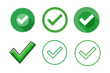 Green Check Mark Icons in Various Styles Approval and Success Representation Diverse Vector Design