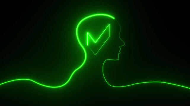Glowing neon line Human head with tick mark icon on black background. Neon glowing tick mark with man head icon.Glowing neon line Head silhouette icon isolated.4k video black background.