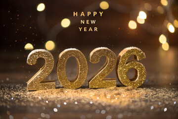 Glittery gold &ldquo;2026&rdquo; with warm bokeh lights and festive glow&mdash;celebrating the New Year with elegance, joy, and radiant anticipation for fresh beginnings.   generative ai