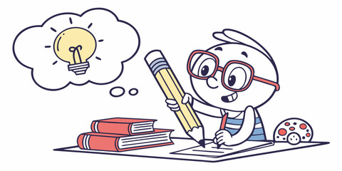 Cartoon creative student writing with pencil inspired by bright idea