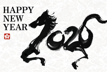 年賀状 デザイン　2026年 午年 年賀状用テンプレート　馬手書き和風筆文字入り