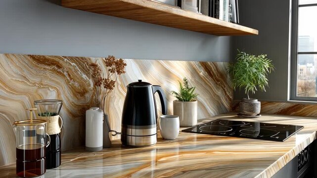 Discover a contemporary kitchen featuring beautiful countertops, stylish appliances, and warm decor that enhance the ambiance