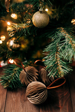 Festive christmas decorations with ornaments and lights