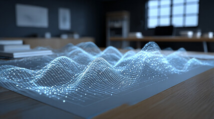 Hyperrealistic digital financial graphs float above a desk, showing charts, lines, and data streams in 3D, symbolizing analytics, finance, and futuristic business technology.
