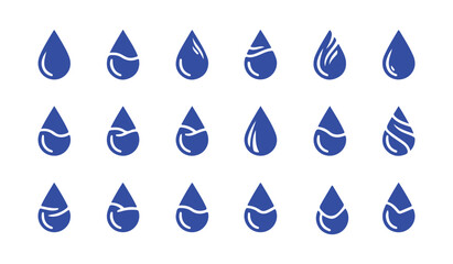 black drop icons and a set of abstract falling droplets on a white background