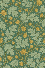 Fototapeta premium A vibrant floral pattern in green and gold with stylized leaves and flowers. The intricate design is elegant and captivating.