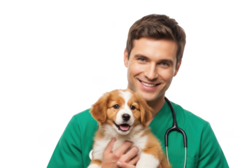 Friendly veterinarian holding a happy puppy pet care professional with adorable canine companion isolated on transparent background