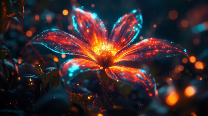 A surreal glowing plant with luminous leaves and stems radiates soft light in a dark abstract environment, evoking a futuristic and otherworldly botanical concept.
