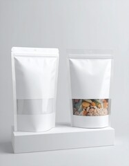 White food pouches with window on pedestal mockup.