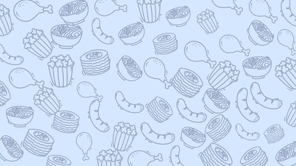 Seamless pattern with hand drawn sketches of fast food items including fries, sausages, chicken, and burgers. Monochrome blue outline illustration with playful style, ideal for packaging or background - Powered by Adobe