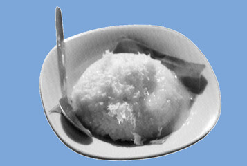 close up of a bowl of sticky rice porridge pixelate grayscale color halftone dotted texture style collage element isolated on blue background