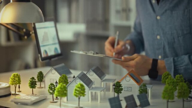 An individual is drawing plans and taking notes while examining a scale model of eco-friendly houses with solar panels. This scene occurs in a well-lit design studio
