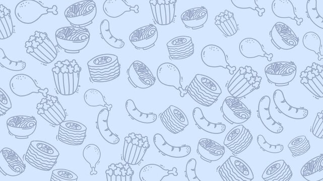 Seamless pattern with hand drawn sketches of fast food items including fries, sausages, chicken, and burgers. Monochrome blue outline illustration with playful style, ideal for packaging or background