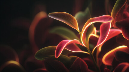 A surreal glowing plant with luminous leaves and stems radiates soft light in a dark abstract environment, evoking a futuristic and otherworldly botanical concept.
