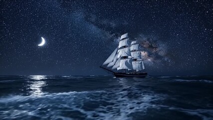 Majestic Tall Ship Sails Under a Starry Night Sky with Crescent Moon. - Powered by Adobe