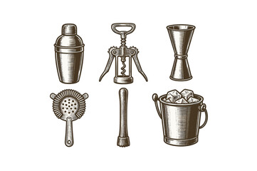 Vintage barware collection: shaker, corkscrew, jigger, and more.Colorful icons set illustrated