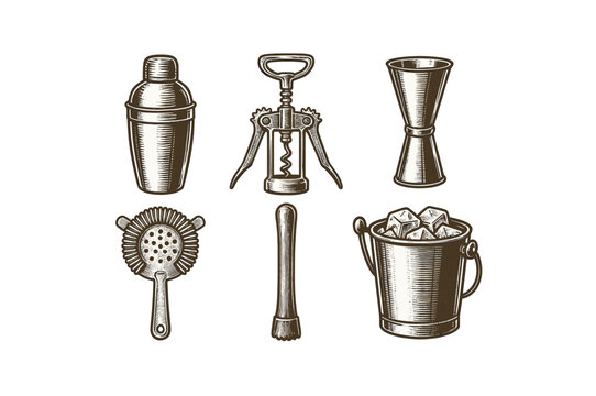 Vintage barware collection: shaker, corkscrew, jigger, and more.Colorful icons set illustrated