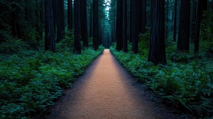 Fototapeta premium Lanternlit trail through dusk sequoia forest, mystery and wonder concept