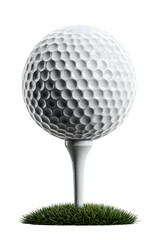 A striking, close-up studio shot of a white golf ball perfectly placed on a white tee, which is set in a small patch of vibrant green artificial grass.