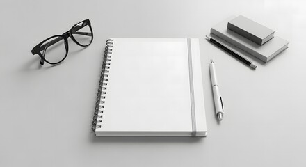 Minimalist flat lay of a blank spiral notebook and pen with office supplies on a gray background, perfect for a branding or identity mockup