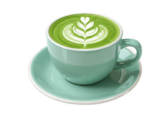 Isolated matcha latte in turquoise cup, heart leaf art, trendy drink, vibrant green hue