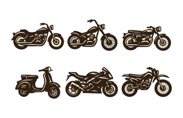 Naklejka premium Vintage and modern motorcycles: cruiser, chopper, scooter, sportbike, dirt bike.Colorful icons set illustrated