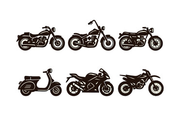 Obraz premium Silhouette collection of diverse motorcycle types and scooter.Colorful icons set illustrated
