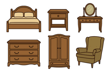 Collection of wooden bedroom furniture: bed, wardrobe, armchair, dresser, nightstand, vanity.Colorful icons set illustrated