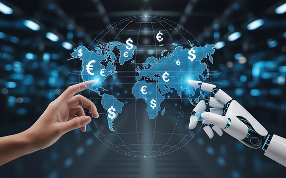 Human and robotic hands interacting with a digital world map depicting global currency symbols and financial concepts - Powered by Adobe