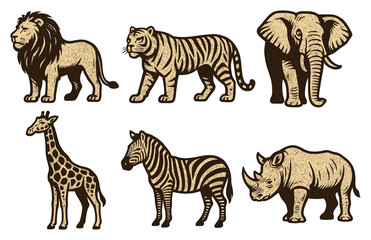 Obraz premium Vintage-style illustrations of african wildlife: lion, tiger, elephant, giraffe, zebra, rhinoceros.Colorful icons set illustrated