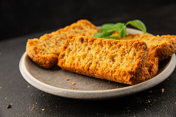 Toast bread grilletine breadcrumbs natural product tasty snack fresh delicious gourmet food background on the table rustic top view copy space