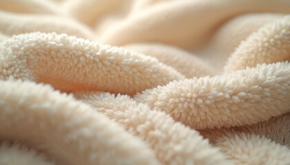 Cream beige fluffy plush fabric texture close-up. Soft fabric material with woven pattern. Folded drape with wrinkles. Cosy natural fiber for textile design in interior clothing. Comfortable blanket
