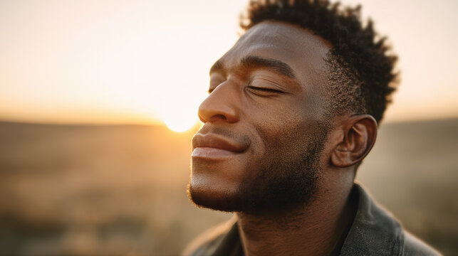 Peaceful African American man with eyes closed in worship, basking in the golden glow of sunset. A serene moment of prayer, gratitude, and spiritual connection with God in nature.