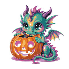 Naklejka premium Vector art of adorable baby dragon with big eyes and horns, sitting behind a carved pumpkin, with vibrant teal and purple scales