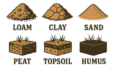 Illustrated varieties of soil types: loam, clay, sand, peat, topsoil, humus.Colorful icons set illustrated