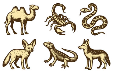 Obraz premium Desert animals illustration: camel, scorpion, snake, fennec fox, lizard, wild dog.Colorful icons set illustrated