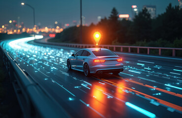 Modern car with GPS location pin signal drives on smart highway at night. Autonomous vehicle follows route on futuristic road with information streams. Self-driving auto uses navigation tech for