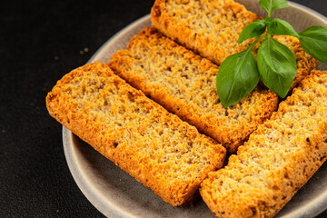 Toast bread grilletine breadcrumbs natural product tasty snack fresh delicious gourmet food background on the table rustic top view copy space