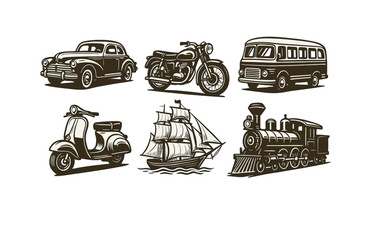 Obraz premium Vintage transport icons: car, motorcycle, bus, scooter, sailboat, train.Colorful icons set illustrated