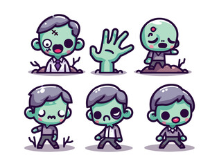 Cute Cartoon Zombie Icon Set with Funny Poses and Friendly Expressions