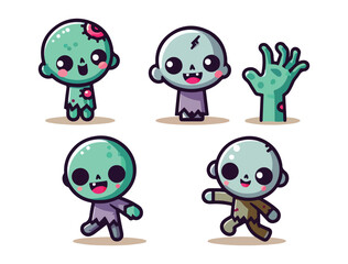 Cute Kawaii Zombie Head Vector with Funny Scary Smiles and Green Skin