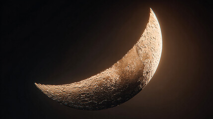 Crescent Moon Shines in Dark Sky. Macro shot shows lunar surface. Ideal for astronomy, science, space exploration marketing, and web design.