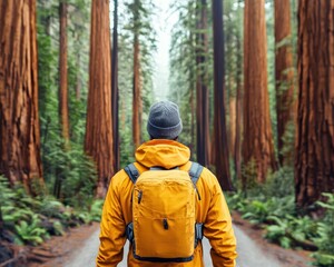 Forest ranger walking between colossal sequoias, conservation and ecology theme