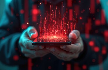 Person holding phone sees data breach cyber attack. Red glowing lines emerge from device. Data leak concept. Hacker activity online. Digital security risk