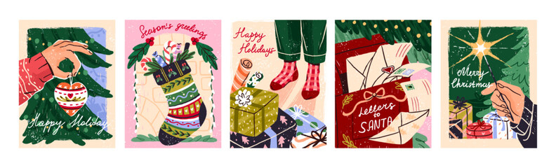 Merry Christmas postcards designs set. Templates of Happy New Year greeting cards. Layouts with Xmas trees, hands holding ornaments and sparkler. Winter holidays. Flat hand drawn vector illustrations.